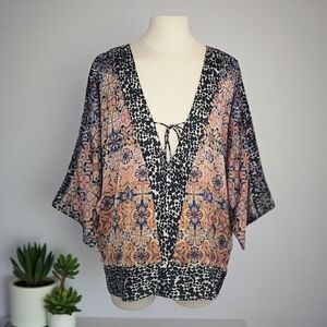 Kensie Black and Pink Floral Kimono Blouse